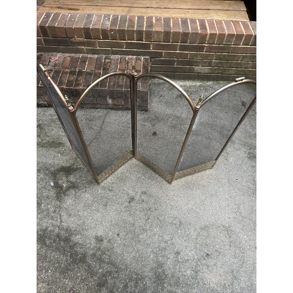 Vintage Folding Fireplace Guard 4 Panel Screen Mesh Brass Gold Metal 33" Tall